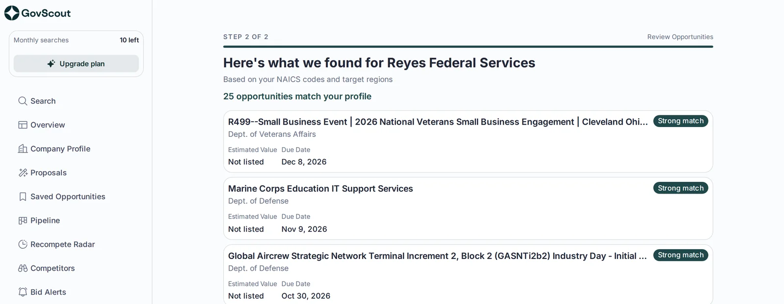 GovScout dashboard showing open opportunities matched to a contractor's NAICS codes, each with its agency, due date, and match strength