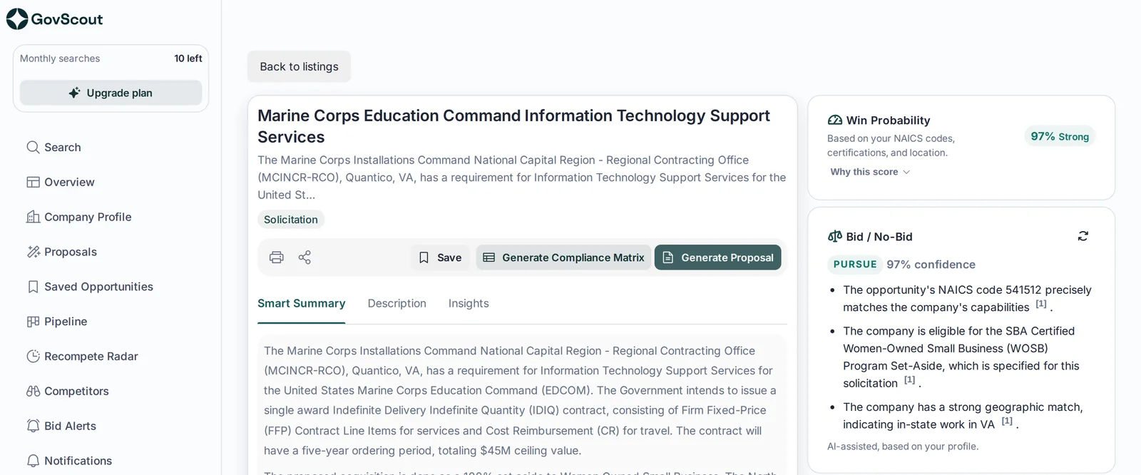 GovScout opportunity page with a plain-language summary of the solicitation, a 97% win probability, and a Pursue bid/no-bid call with the reasons behind it